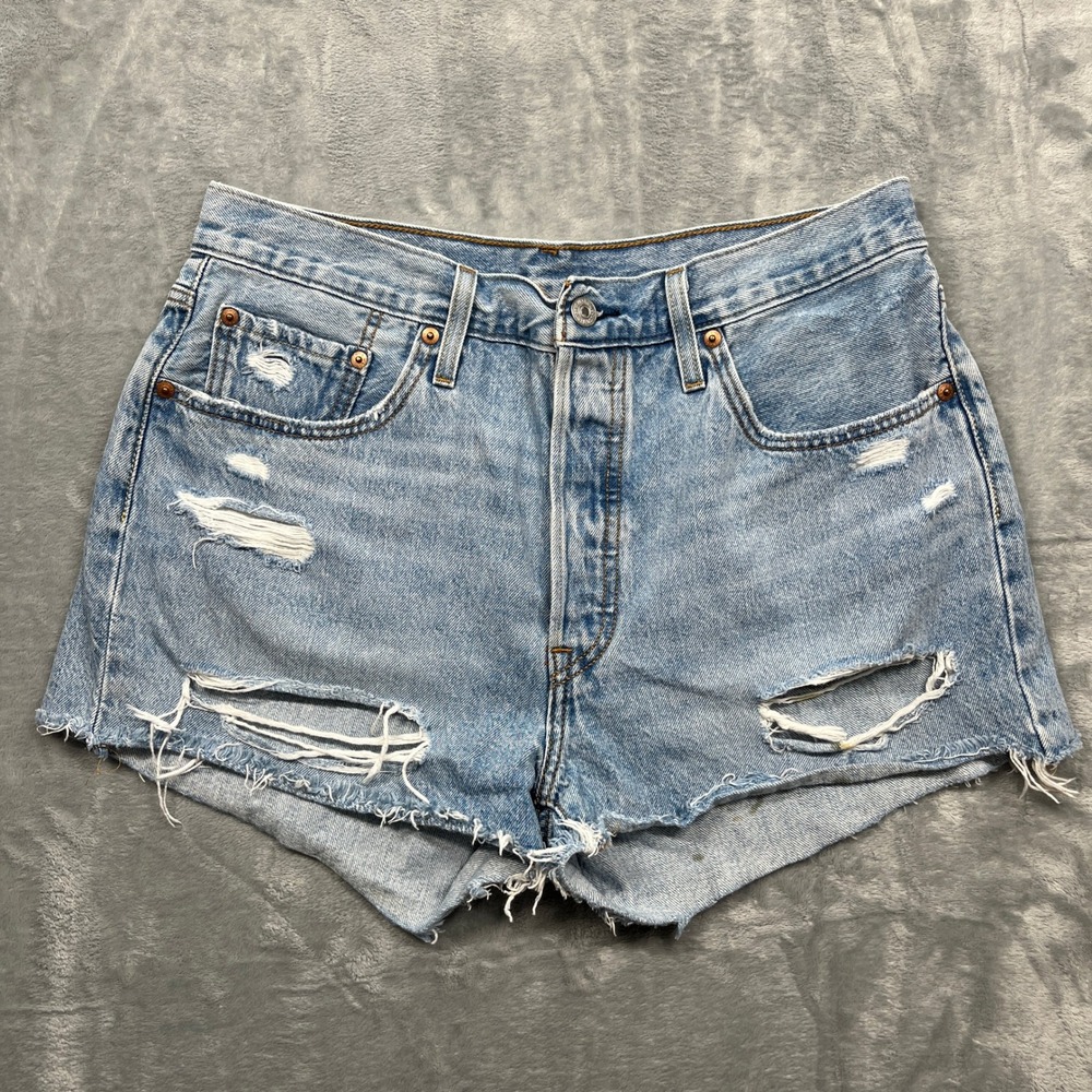 Levi's 501 Original Denim Shorts Womens Light Blue Distressed Cutoff 32